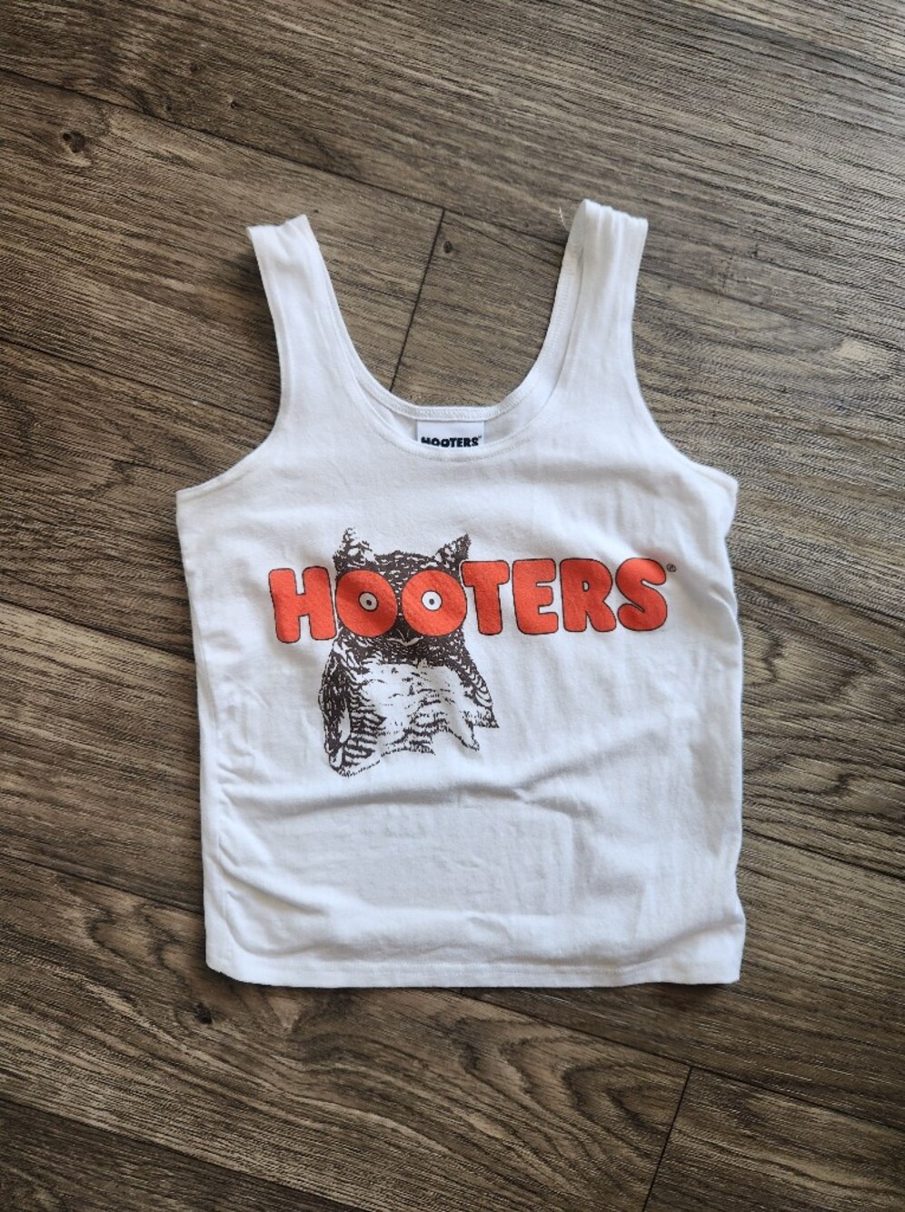 Vintage Hooters White Tank Top with Orange Logo and Brown Owl Graphic